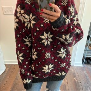 Vintage pure wool red snowflake print special handmade oversized grandpa sweater
